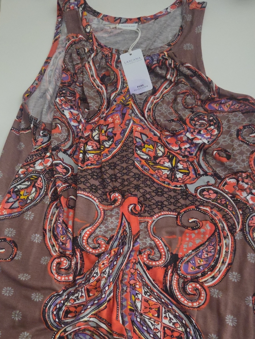 Lascana Brown Paisley-Print Tank Top with Coral Accents